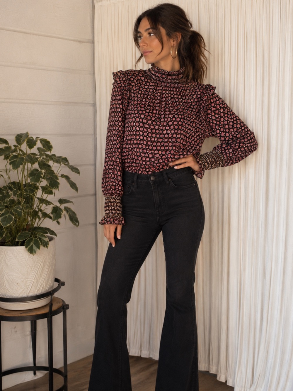Max Studio Black Blouse with Pink Geo Dot Print